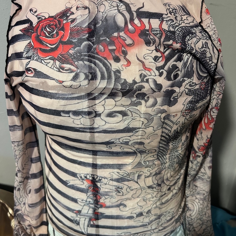 Source Unknown Sheer Black and Red Dragon Bodysuit
